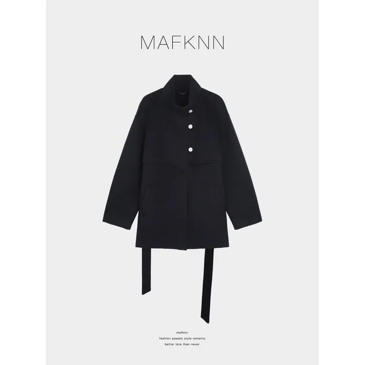 MAFKNN/玛肯时尚休闲简约纯色百搭纽扣系带大衣MK13121