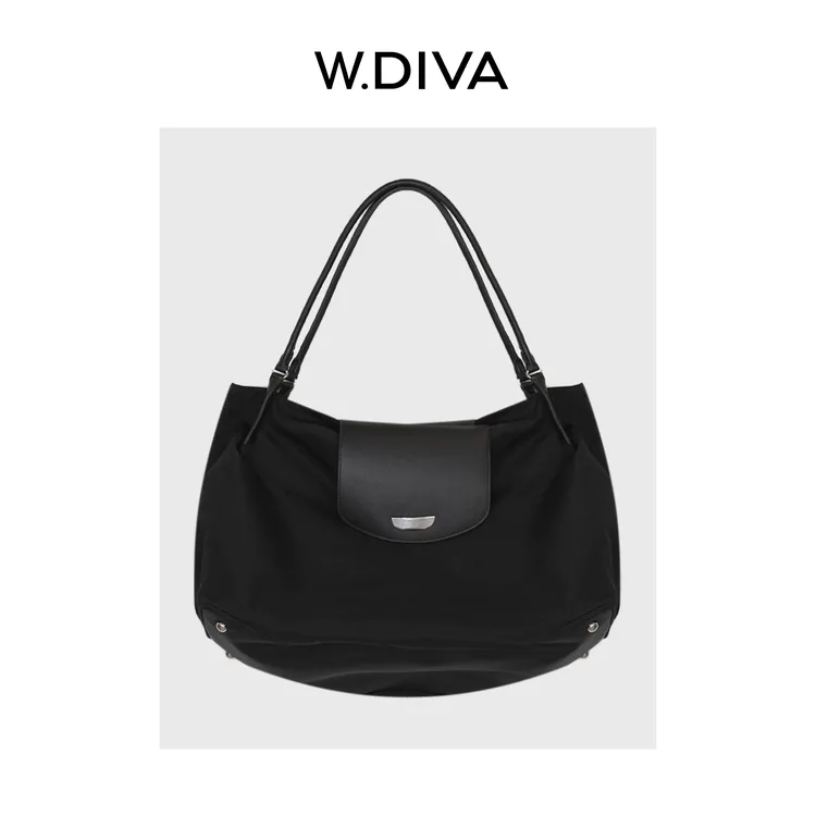 W.Diva【云际帆】黑色精致小众百搭实用尼龙拼牛皮托特包50B152676