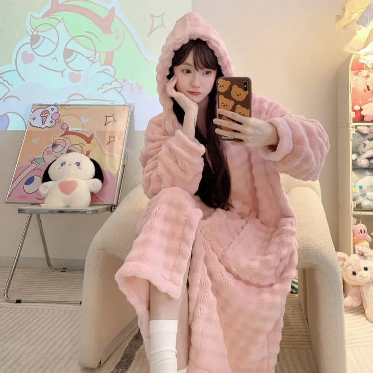 连帽睡袍大码胖mm睡衣女秋冬季加绒加厚2025新款网红爆款浴袍晨袍