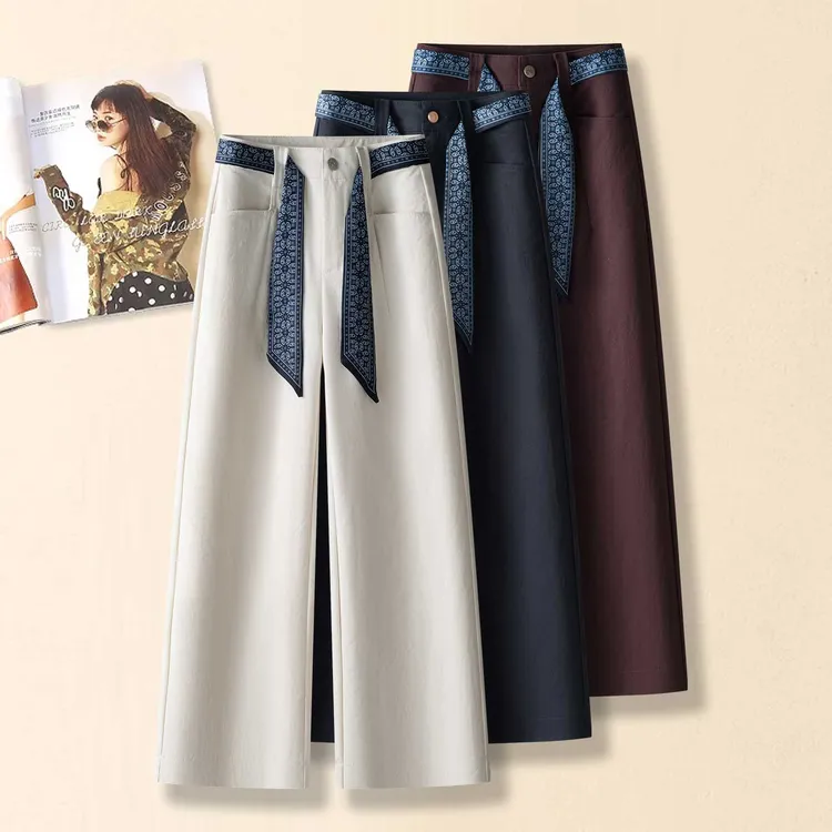 藏蓝色高腰窄版阔腿休闲裤女2025春秋季新款宽松显瘦西装直筒裤子