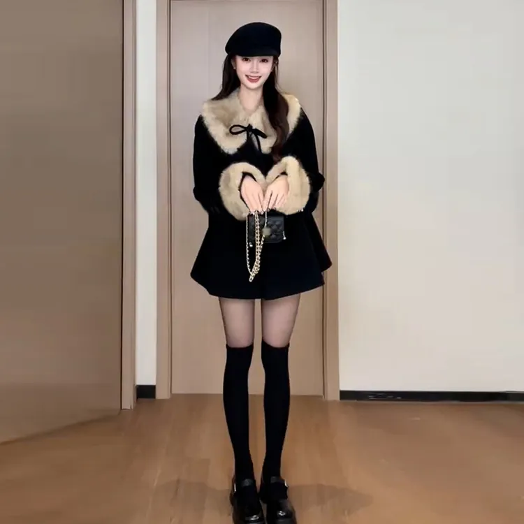 【现货+运补】早秋韩系短款黑色秋冬季小个子香风大衣7538