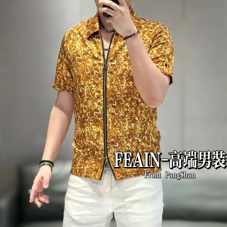 高端定制进口丝柔贡缎男士满花双开拉链短袖开衫5285