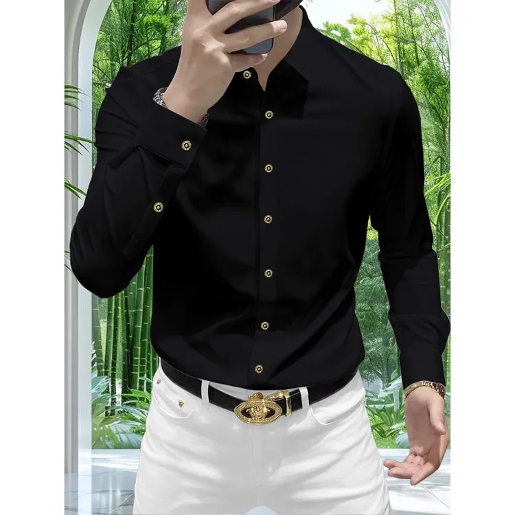 高级感痞帅免烫纯色长袖衬衫衬衣男士商务休闲修身弹力抗皱男衬衫