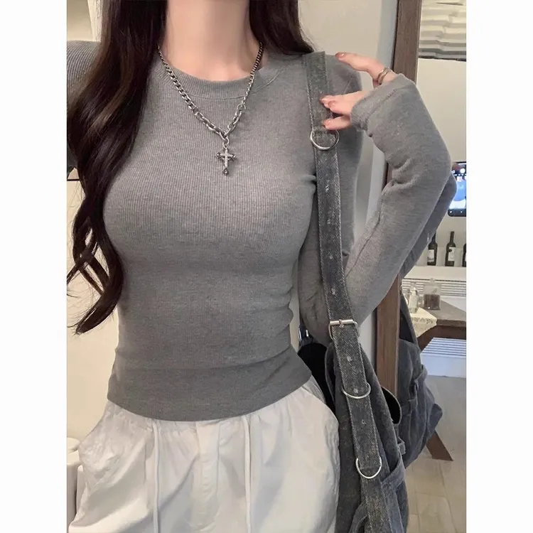 秋冬美式洋气独特辣妹圆领内搭打底衫女修身长袖T恤舒适亲肤上衣