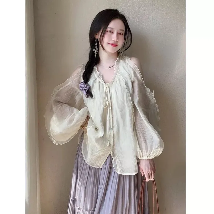 【全额运补】温柔度假风露肩衬衫新款小众轻奢显瘦别致网纱上衣女