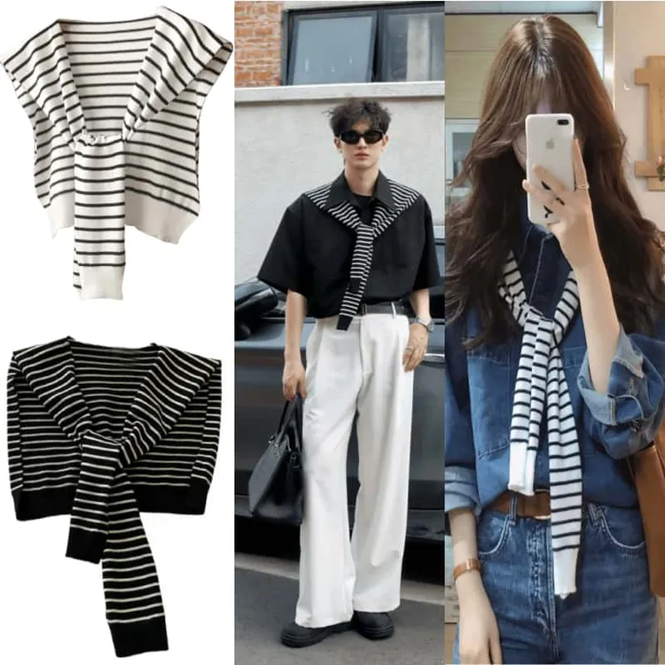 Papr『黑白披肩』男女通用四季配饰条纹披肩外搭搭配裙子衬衫围巾