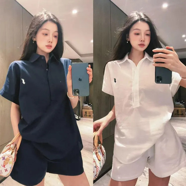 套装薄款刺绣宽松2025老钱风翻领半袖Polo领上衣+短裤气质两件套