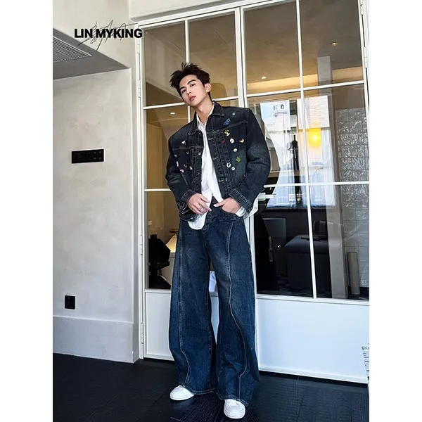 LIN MYKING 设计款胸针复古夹克外套阔腿弯刀牛仔长裤两件套套装