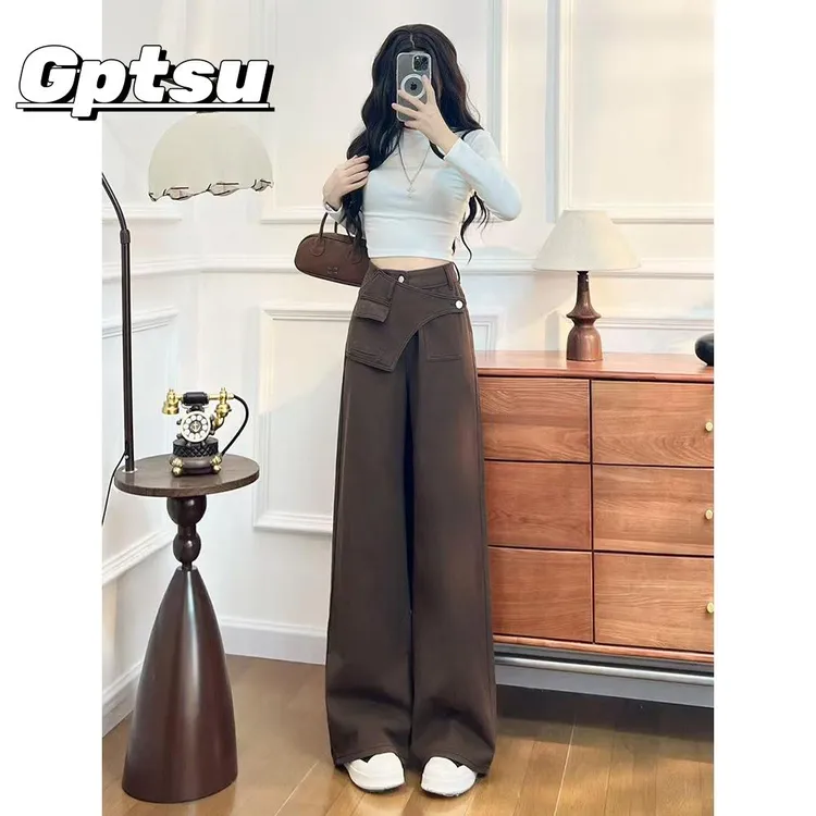 GPTSu咖啡色时髦阔腿牛仔裤女秋季新款潮流宽松辣妹设计感直筒裤