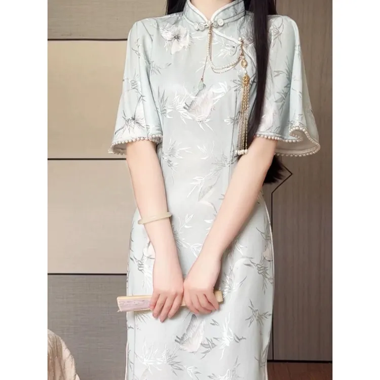 旗袍新中式倒大袖夏季2025新款年轻修身收腰新中式改良日常连衣裙