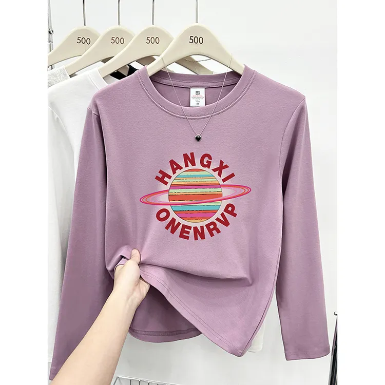 香芋紫正肩长袖t恤女装韩版ins洋气印花胖MM显瘦百搭打底衫上衣潮