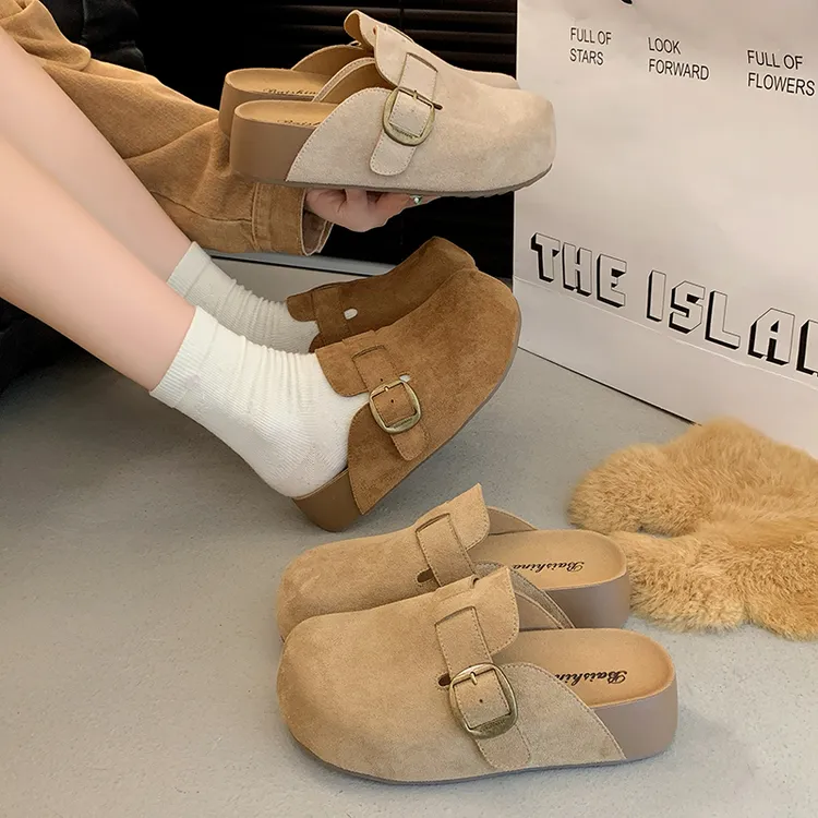 5cm厚底包头拖鞋小个子增高一脚蹬女鞋2025秋季外穿博肯半拖百搭