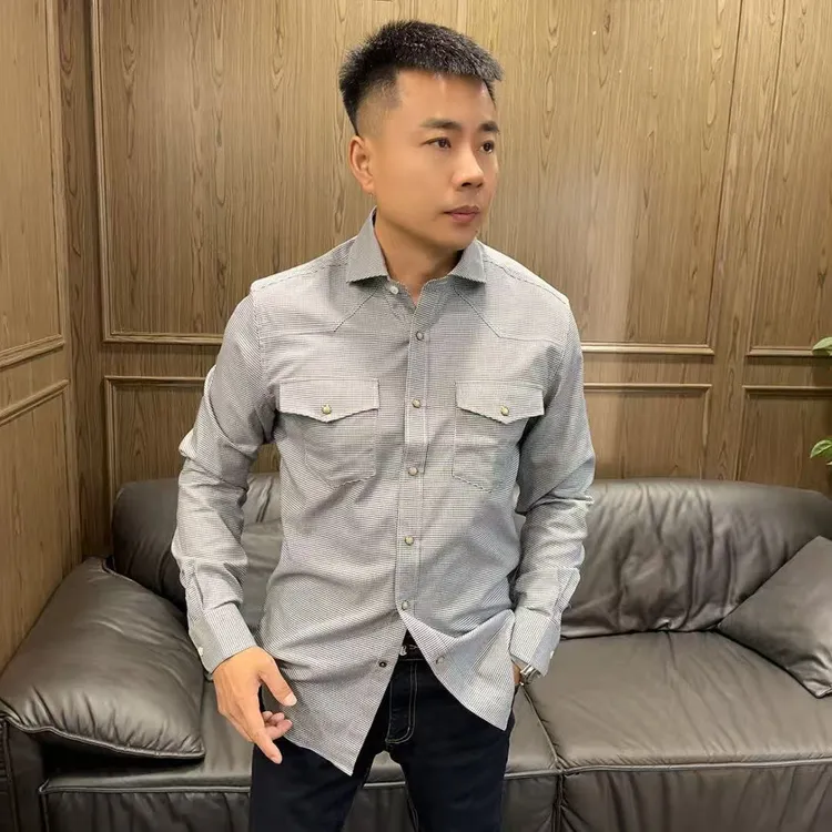 25四季款小千鸟格男士商务休闲英伦风格子明口袋翻领长袖衬衫