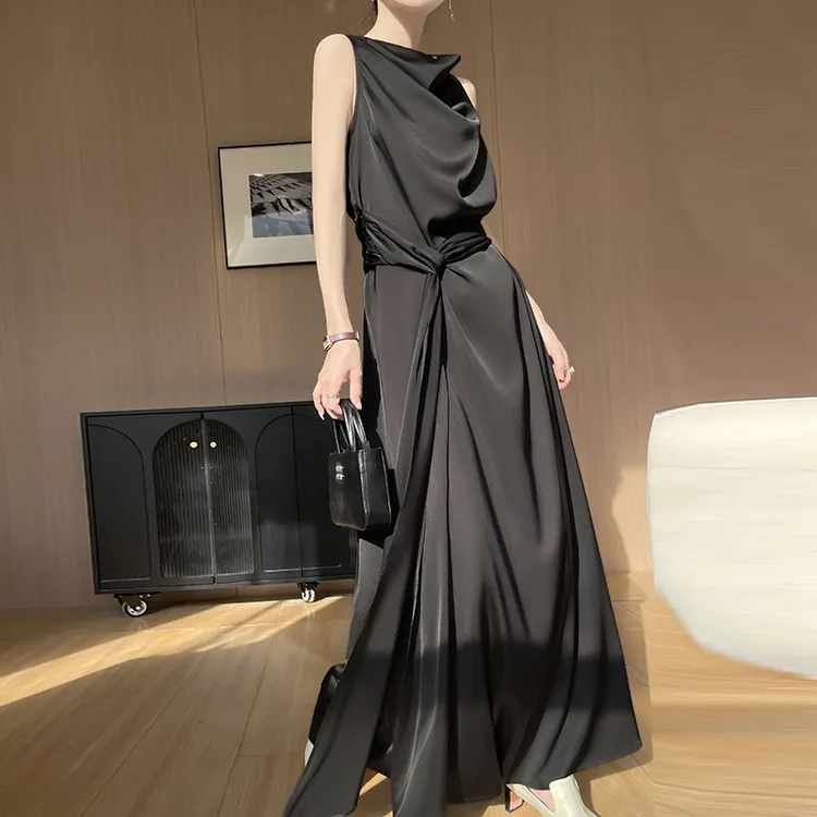 高级感无袖长裙缎面垂坠感丝滑光泽感醋酸长裙夏季荡领背心连衣裙