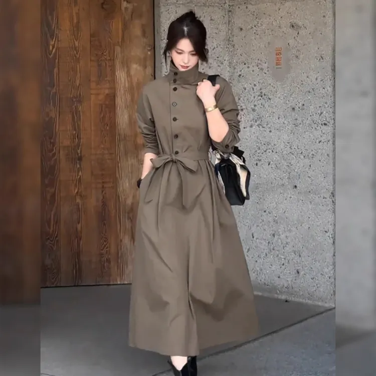 韩系慵懒风气质立领长款风衣外套大码女装系带设计感休闲过膝大衣