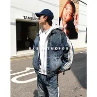 2025早秋新品 巴家五条杠拼接水洗牛仔外套美式复古休闲夹克