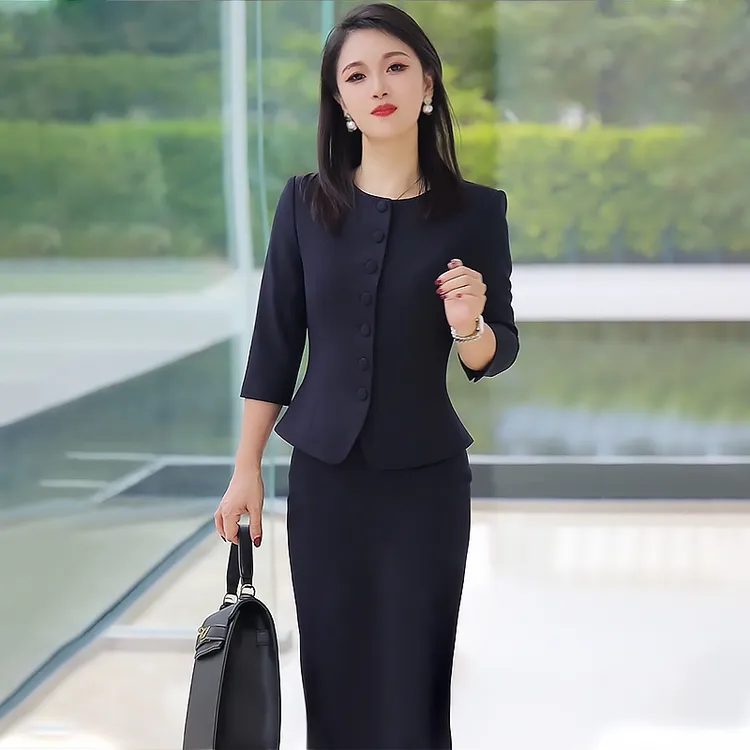 藏青西装女夏季新款高端气质两件套时尚御姐范收腰职业女裙套装