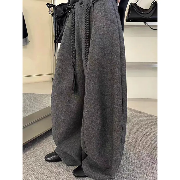 西装阔腿裤女2025秋冬季新款灰色裤子毛呢子直筒拖地弯刀休闲长裤