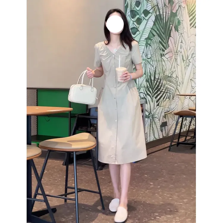 法式高级感V领褶皱连衣裙女装夏季简单大方法式气质显瘦裙子2025