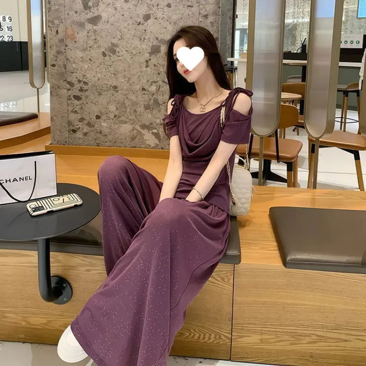 女士夏季新款时髦露肩短袖阔腿裤亮片镂空高级洋气休闲两件套潮流