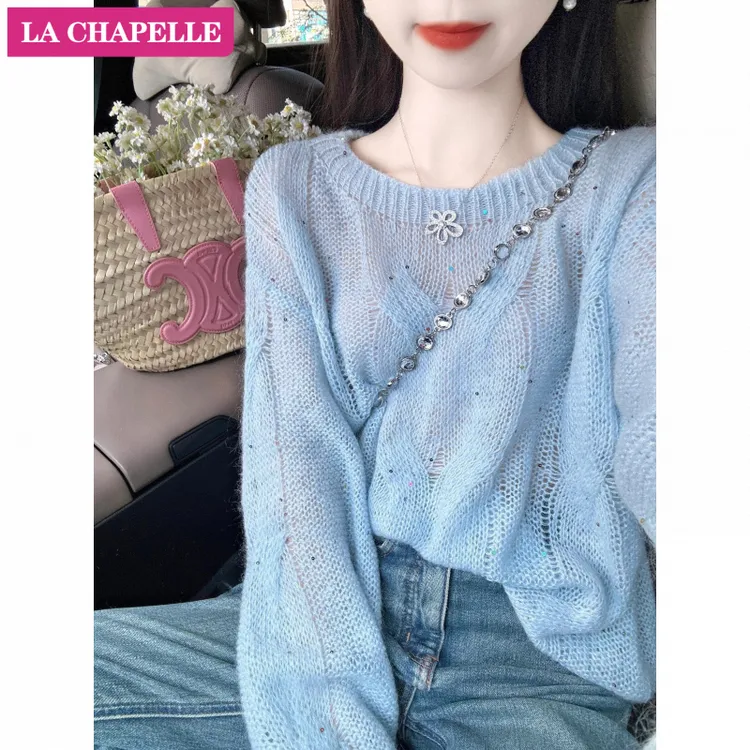 拉夏贝尔美拉蓝镂空长袖毛衣2025秋季新款圆领针织衫女高级感上衣