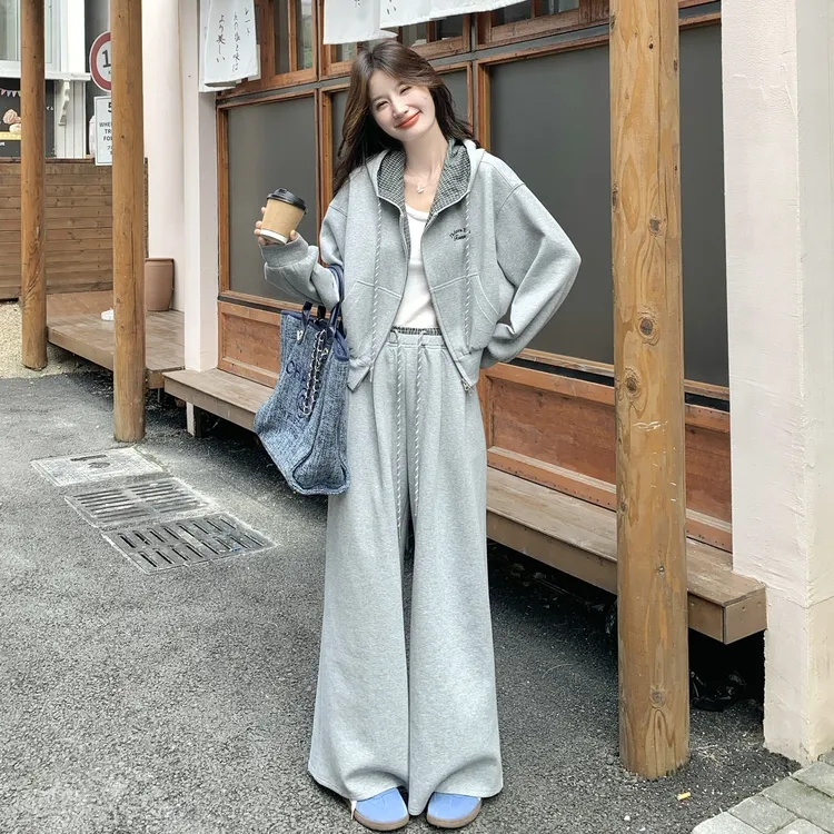 灰色学院风减龄休闲套装女2025秋季双头拉链卫衣外套阔腿裤两件套