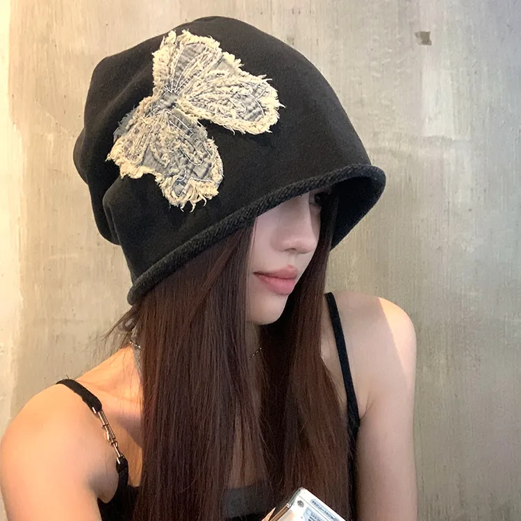 小众设计感蝴蝶结刺绣黑色堆堆帽女春夏显脸小街头大头围包头帽子