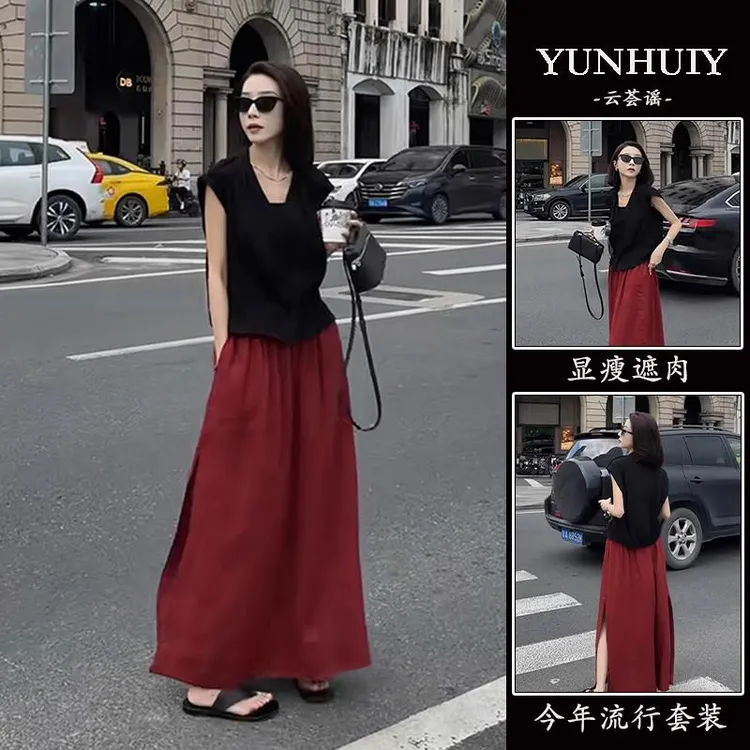 她他百伦2025夏季新高级感黑色无袖开衫红色半身裙两件套女气质穿