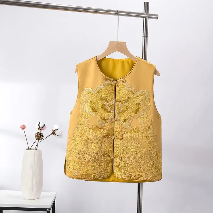 1416国潮中式复古金牡丹盘扣圆领马甲花雨马夹