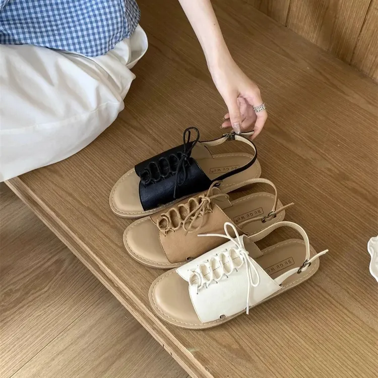 美猫汇真皮底2025年新款罗马凉鞋女夏平底系带百搭文艺仙女风白色