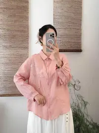 女士秋季刺绣亮片苎麻长袖衬衫