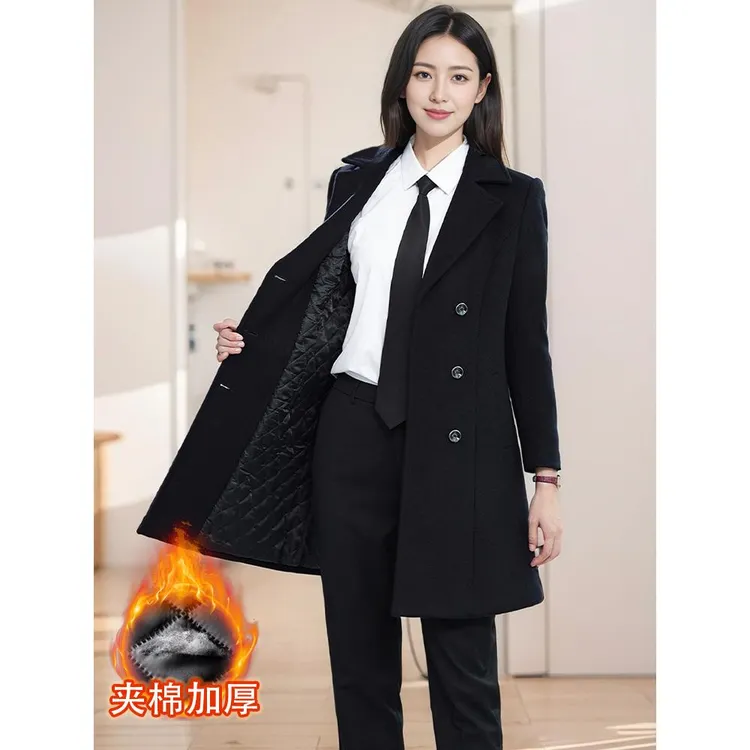 职业毛呢呢子大衣女秋冬季中长款工作服夹棉西装外套冬季加厚工装