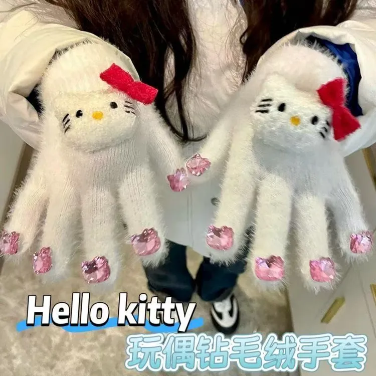 可爱Kitty猫闪钻手套女冬毛绒绒加厚保暖学生骑行分指可触屏手套
