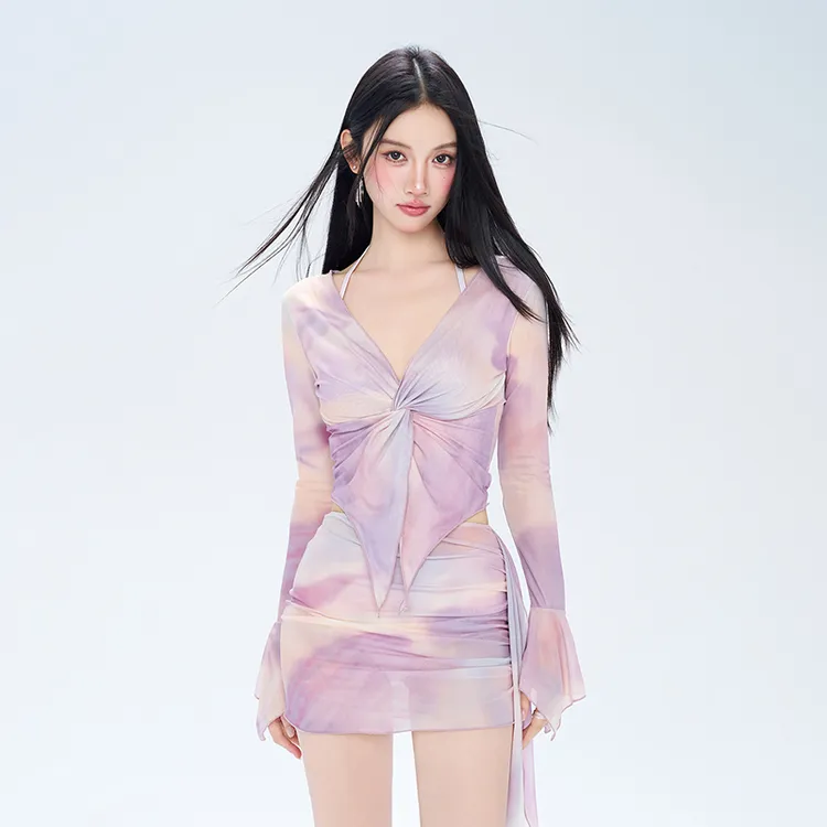 美亦舒【炫彩紫】比基尼保守分体聚拢高级性感度假泳衣女款微胖