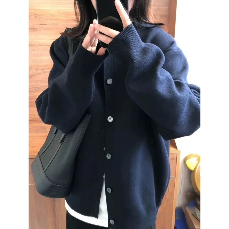国潮搭藏青色针织衫开衫女春秋宽松慵懒风别致休闲百搭外套上衣潮