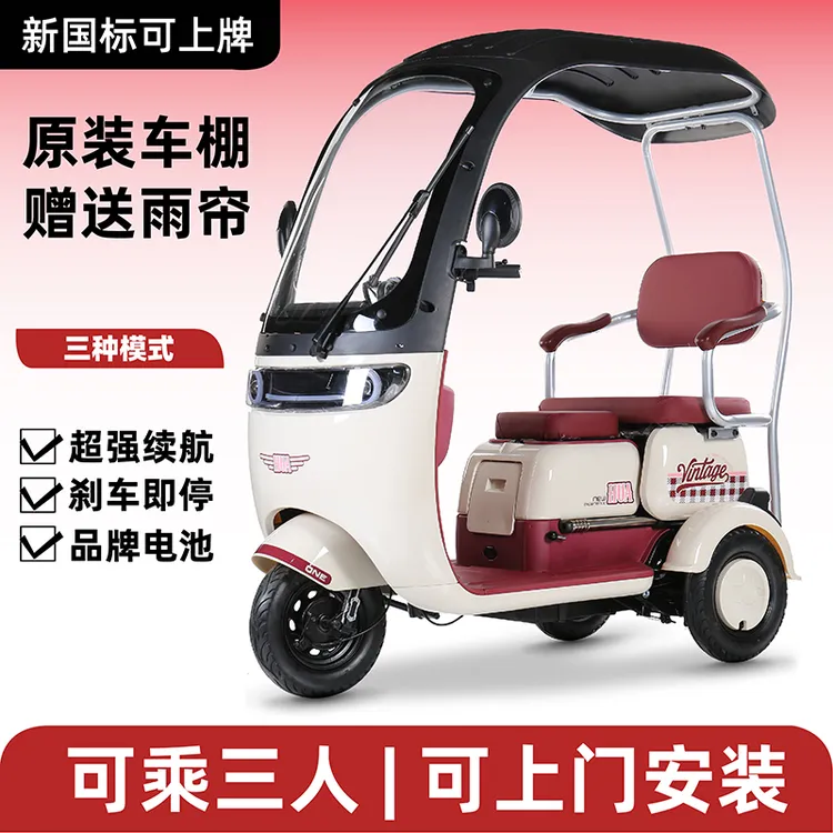 新款带棚电动三轮车接送孩子上学老人休闲女士客货载重代步车