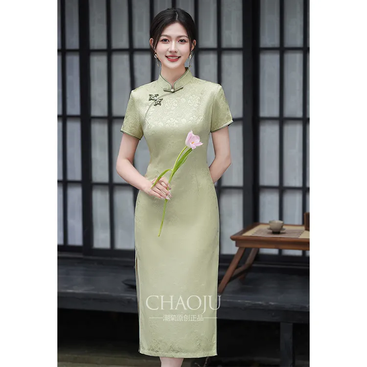高档绿色旗袍罗真丝桑蚕丝2025新款高端修身年轻款气质日常可穿