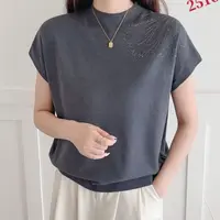 秋款小立领单肩蝴蝶烫钻针织弹力短袖