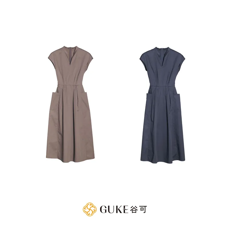 GKE/谷可LQ5170时尚连衣裙夏季收腰显瘦V领大摆长款法式无袖裙子