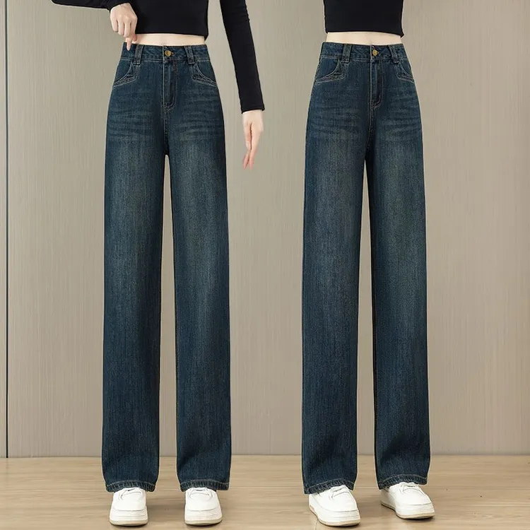 窄版阔腿牛仔裤女2025年春秋新款高腰宽松弹
