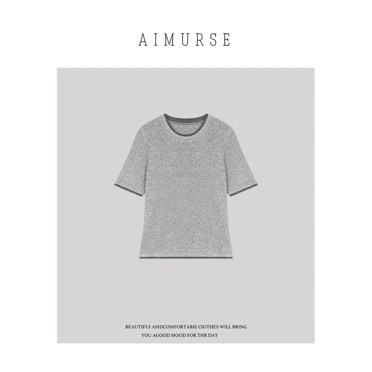 AIMURSE【淡颜】小众设计师 撞色边天丝羊毛百搭休闲T恤 AM7079