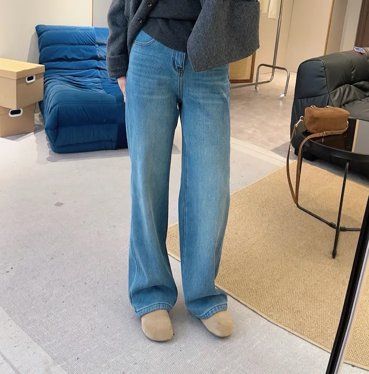 【欧加粒粒】冬复合绒窄版直筒蓝色牛仔裤刺绣百搭显瘦舒适 W2022R