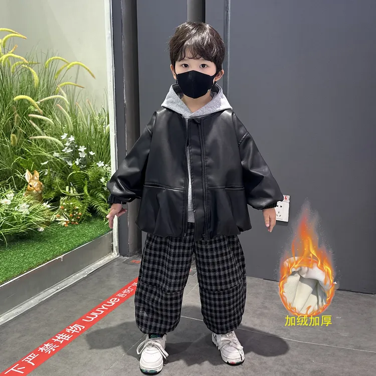 男童加绒秋冬装套装2025新款帅气儿童男孩宝宝韩版卫衣皮衣三件套