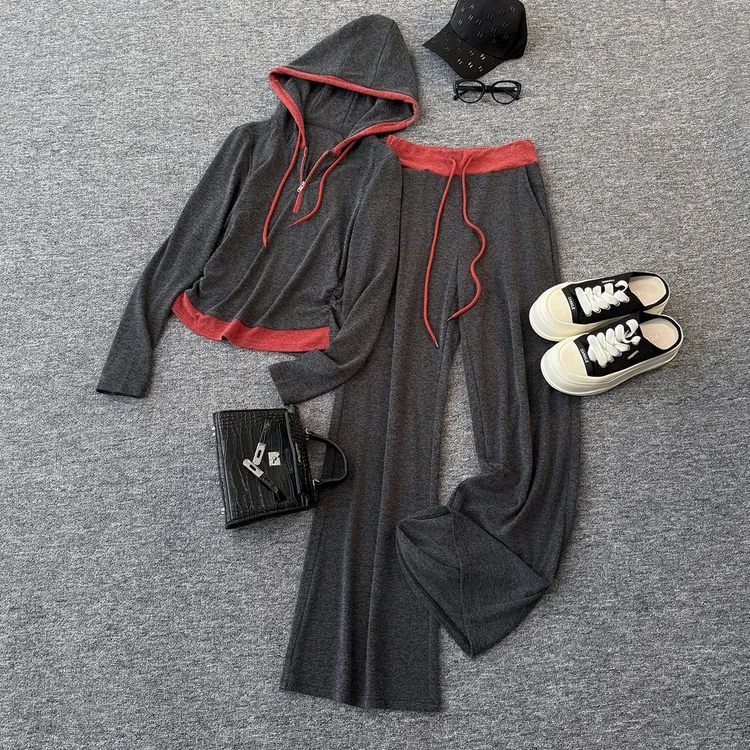 欧货灰系格调时尚气质套装女春季新款连帽拼接卫衣阔腿长裤两件套