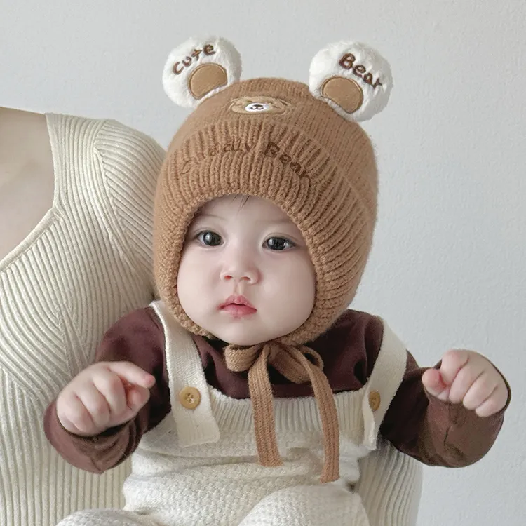 婴幼儿帽子秋冬季男女宝宝可爱毛线帽婴儿加厚护耳帽小月龄毛线帽