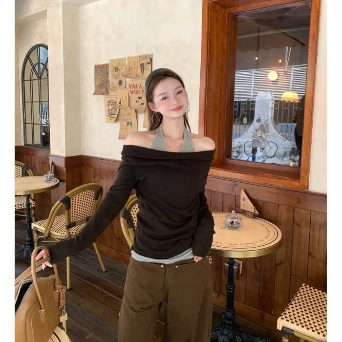 拼接假两件挂脖长袖针织衫女冬季一字肩修身辣妹撞色内搭打底上衣