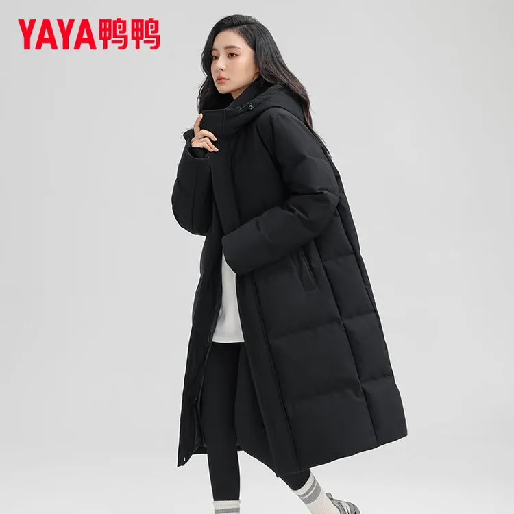 YAYA鸭鸭秋冬季羽绒服新款长款连帽时尚纯色百搭韩版保暖鸭绒外套