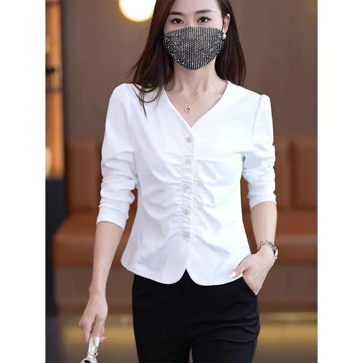 拉夏贝尔黑色长袖T恤女秋2025新款洋气时尚v领褶皱百搭打底衫上衣