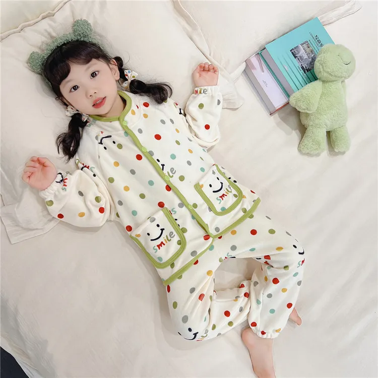 高品质儿童家居服套装秋冬款珊瑚绒立领开衫加厚加绒保暖女童睡衣