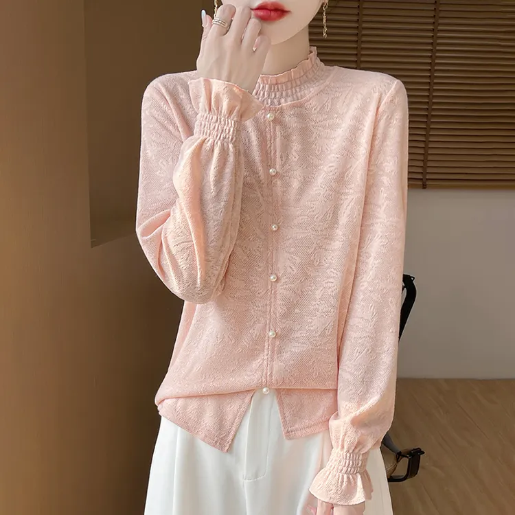 提花立领毛针织衫春秋季法式气质针织宽松木耳边袖长袖时尚设计感